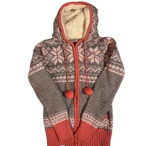 Between Me & You Nordic Fair Isle Sherpa Lined Zip Hoodie Gray Pink Coral Size S